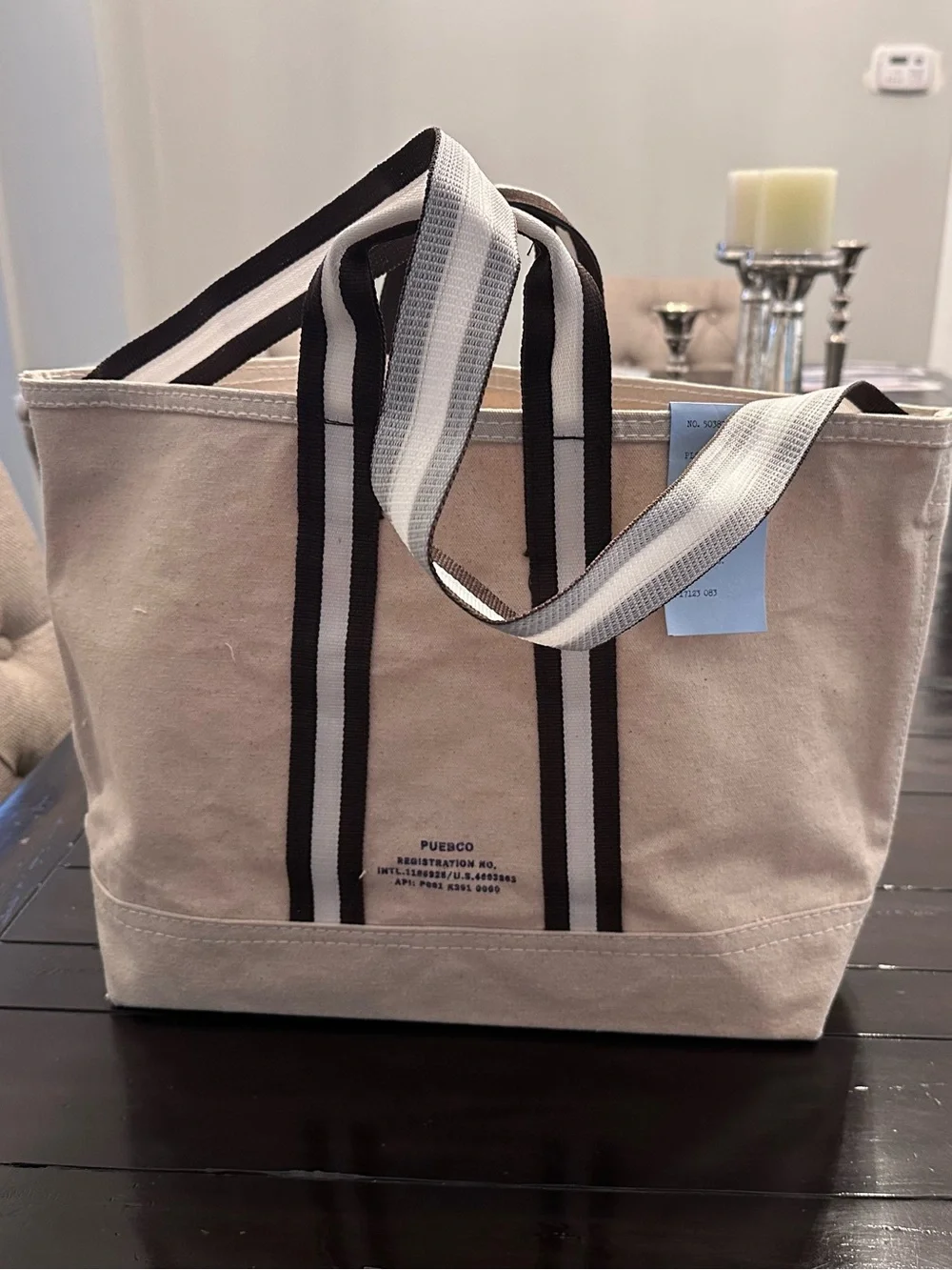 Canvas Tote Bag with Brown Striped Webbing NWT